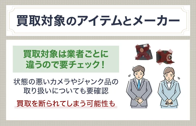 買取対象のアイテムとカメラメーカーをチェック