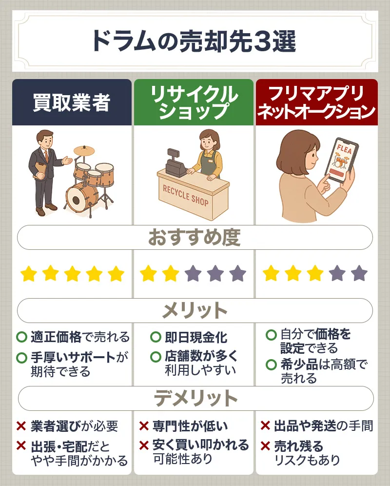 ドラムの売却先（買取業者・リサイクルショップ・フリマ/オークション）