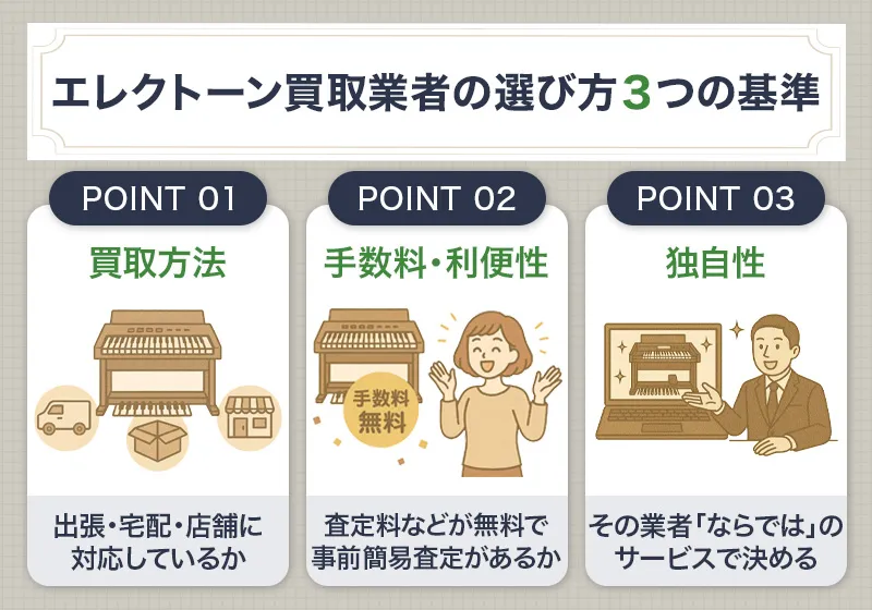 エレクトーン買取の3つの比較軸