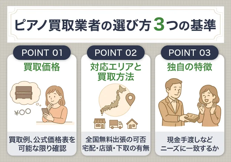 ピアノ買取業者選びで見るべき3つの基準