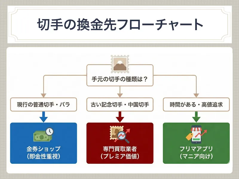 手持ちの切手が実用品か希少品かで選ぶ換金先判定フローチャート
